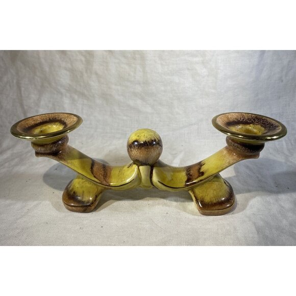 VTG Bay Keramik Art Pottery Double 2 Arm Candlestick Candelabra Yellow Brown - Picture 3 of 9